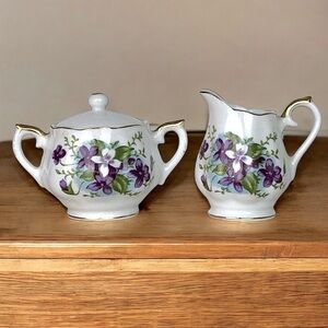 Vintage Violet Porcelain Creamer Sugar Miniature Set Hand Crafted Japan 1989